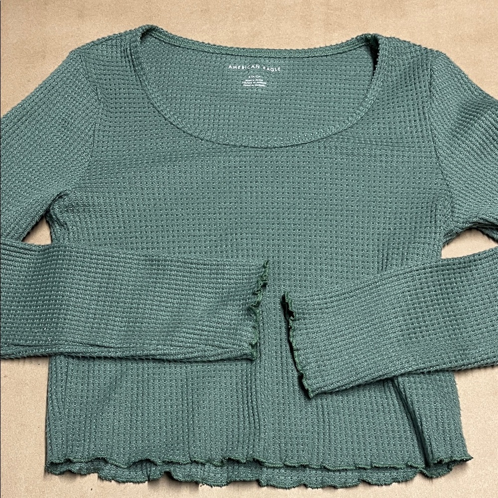 American Eagle Green Waffle Knit Top Small